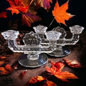 Fostoria American Clear Candlesticks Glass Double Holders Vintage Art Deco Pair.